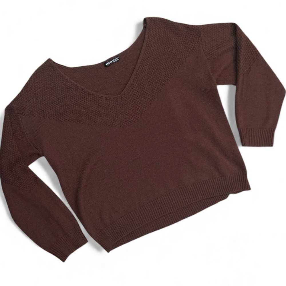 Knit Pullover Sweater Dark Brown Chocolate Color V Neck Size Small